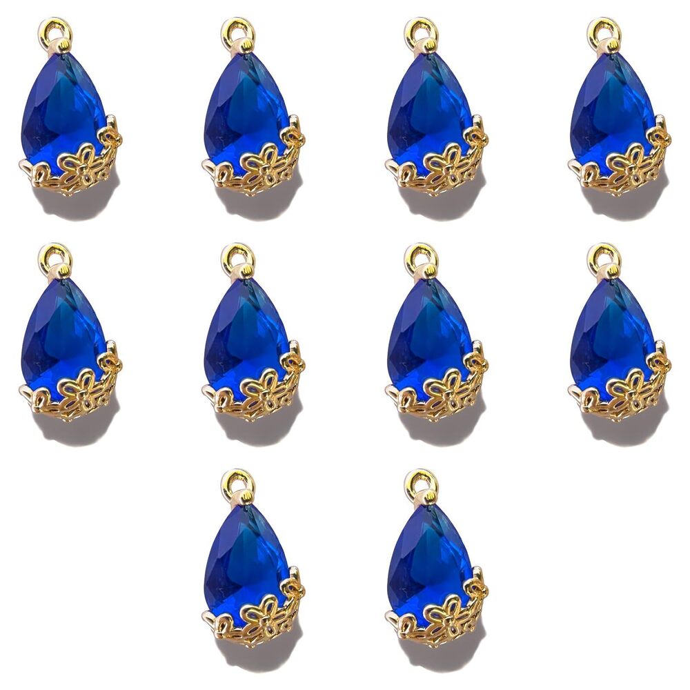 9180 10Pcs Small Teardrop Beads Blue Glass Crystal Waterdrop Charms Gold